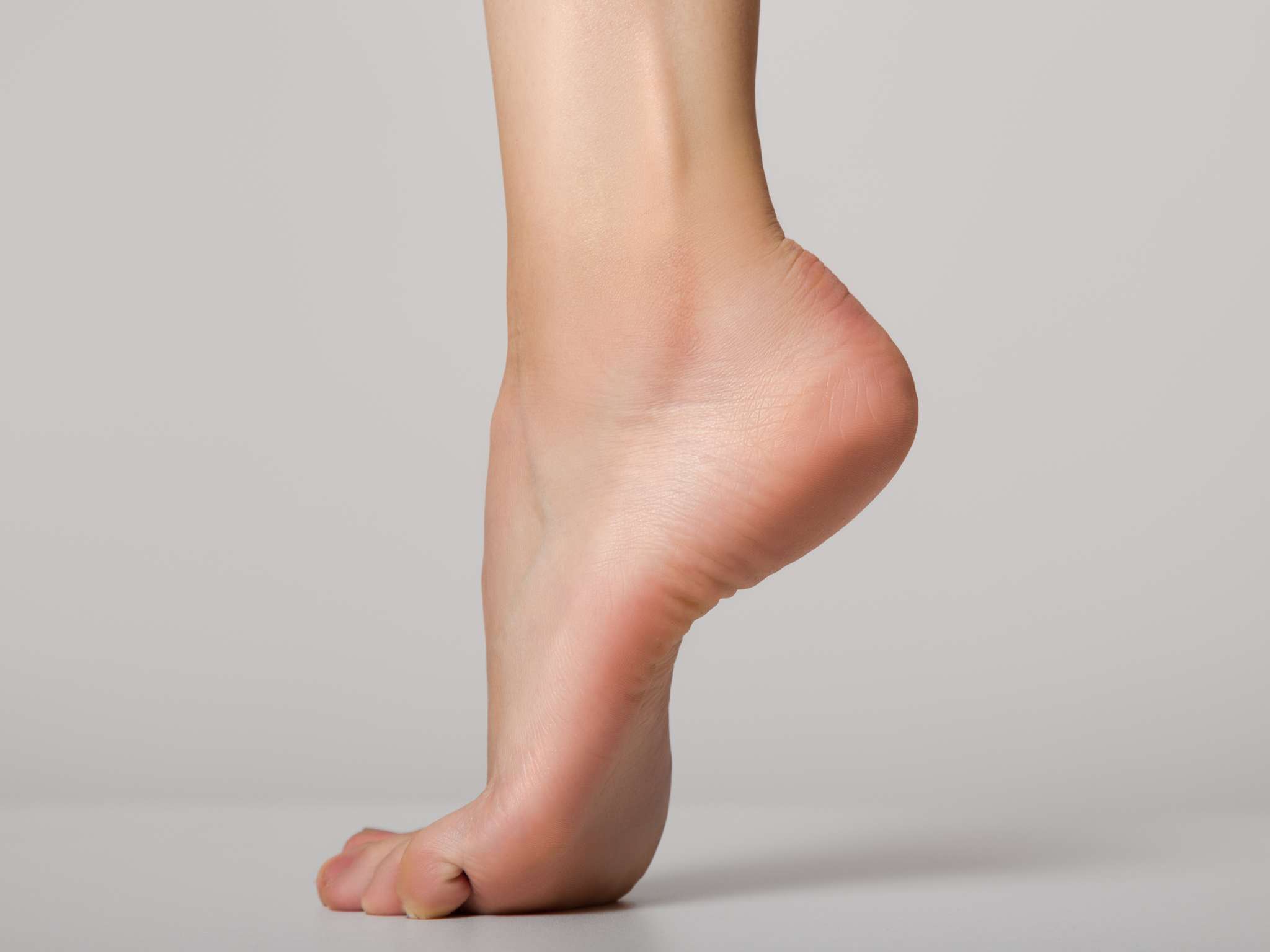 Female foot. Heel. Stability of the foot on a gray background. Neat foot. feet care