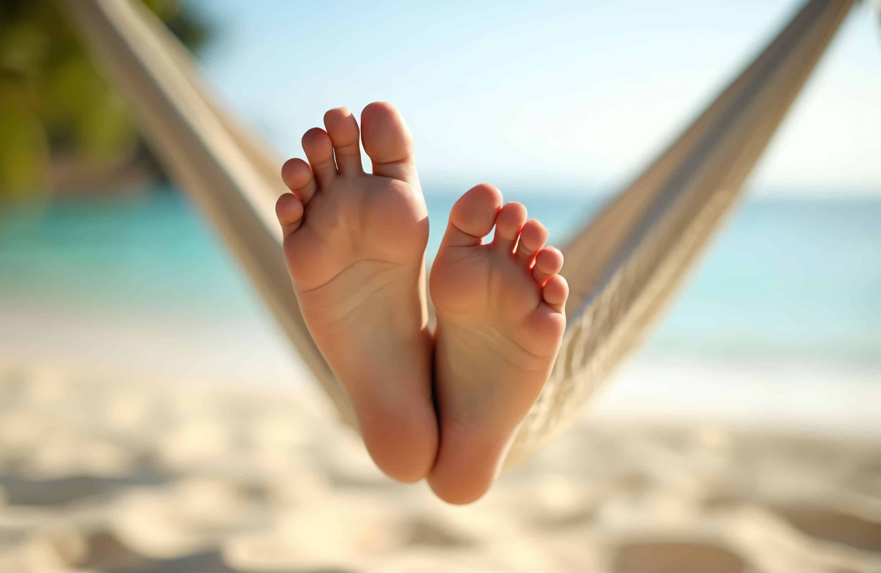 Woman feet rest in hammock on beach against sea. Barefoot female relaxes, enjoying summer vacation. Skin care and pedicure. Holiday at ocean. Relaxation and wellness.