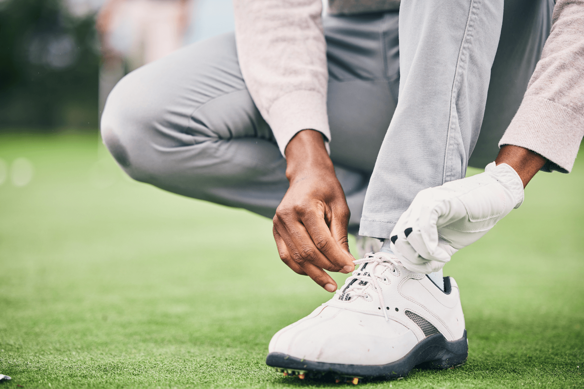 Closeup, golf and man tie shoelace, fitness and success with game, playing and workout outdoor.